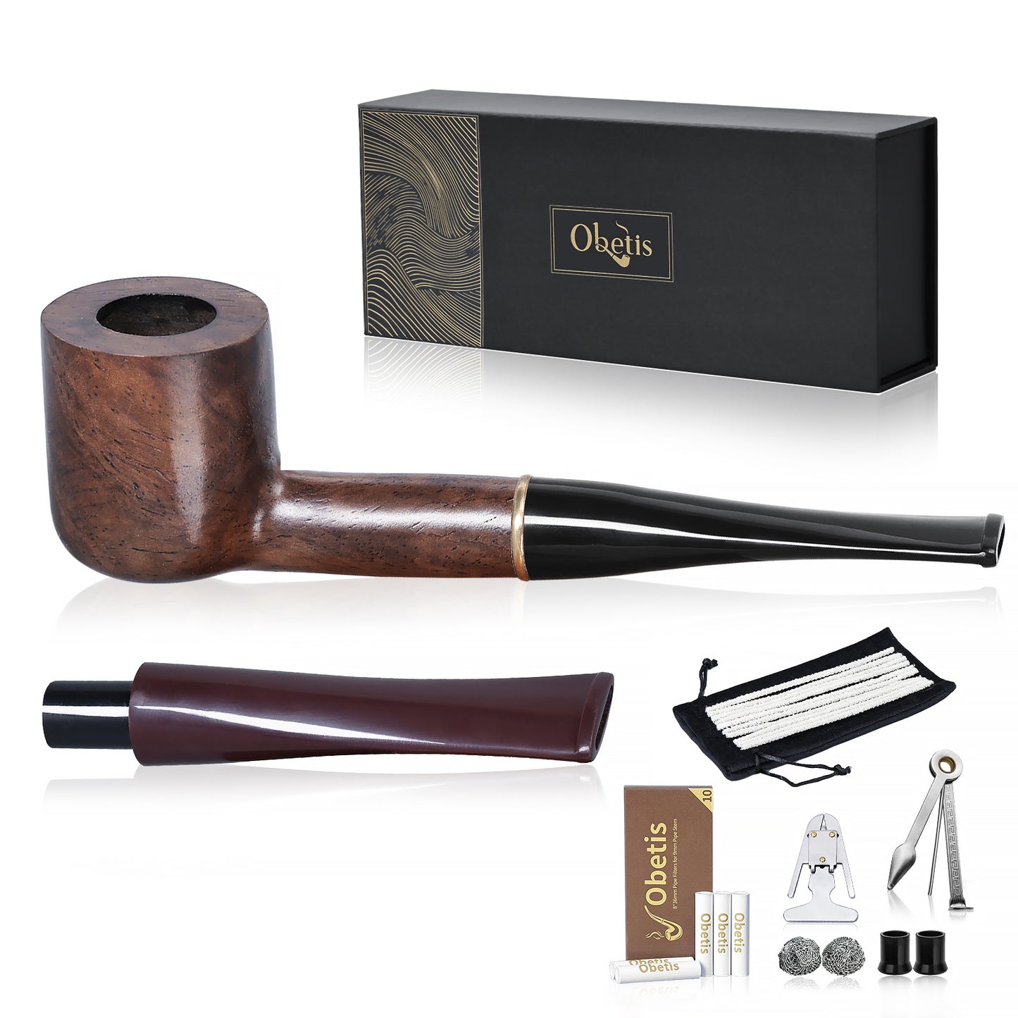 Obetis Ebony Wood Billiard Pipe with Interchangeable Stems (Black and Brown) - Classic Design with Metal Accent Ring for Versatile Smoking