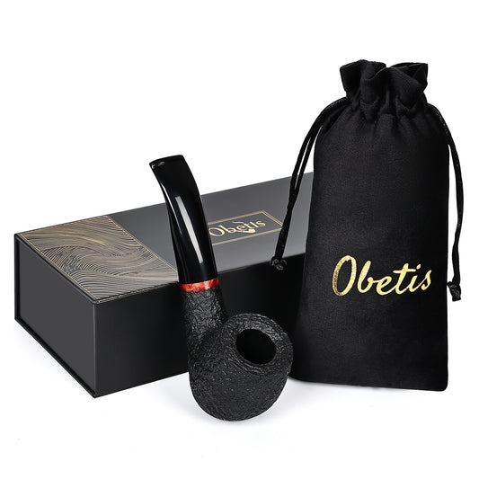 Obetis Bent Apple-Shape Pipe with Rusticated Briar Finish and Wooden Accents - Comfortable Grip for Long Smoking Sessions