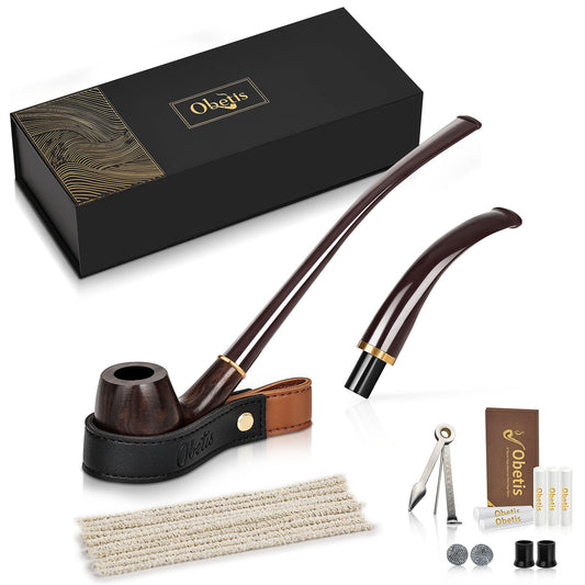 Obetis Bent Apple Pipe in Ebony Wood with Interchangeable Stems (Long and Short) - Elegant Design with Gold Accent Ring