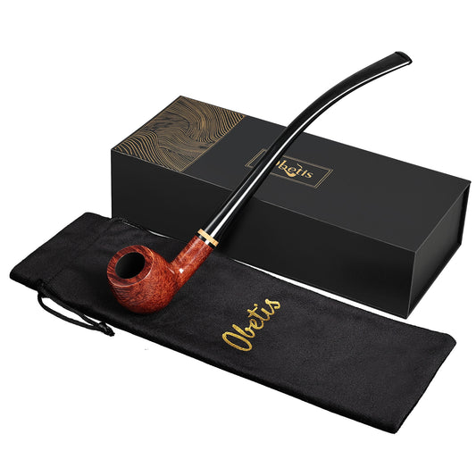 Obetis Polished Churchwarden Pipe with Long Stem and Gold Accent Ring - Smooth Briar Wood Finish for a Luxurious Smoking Experience