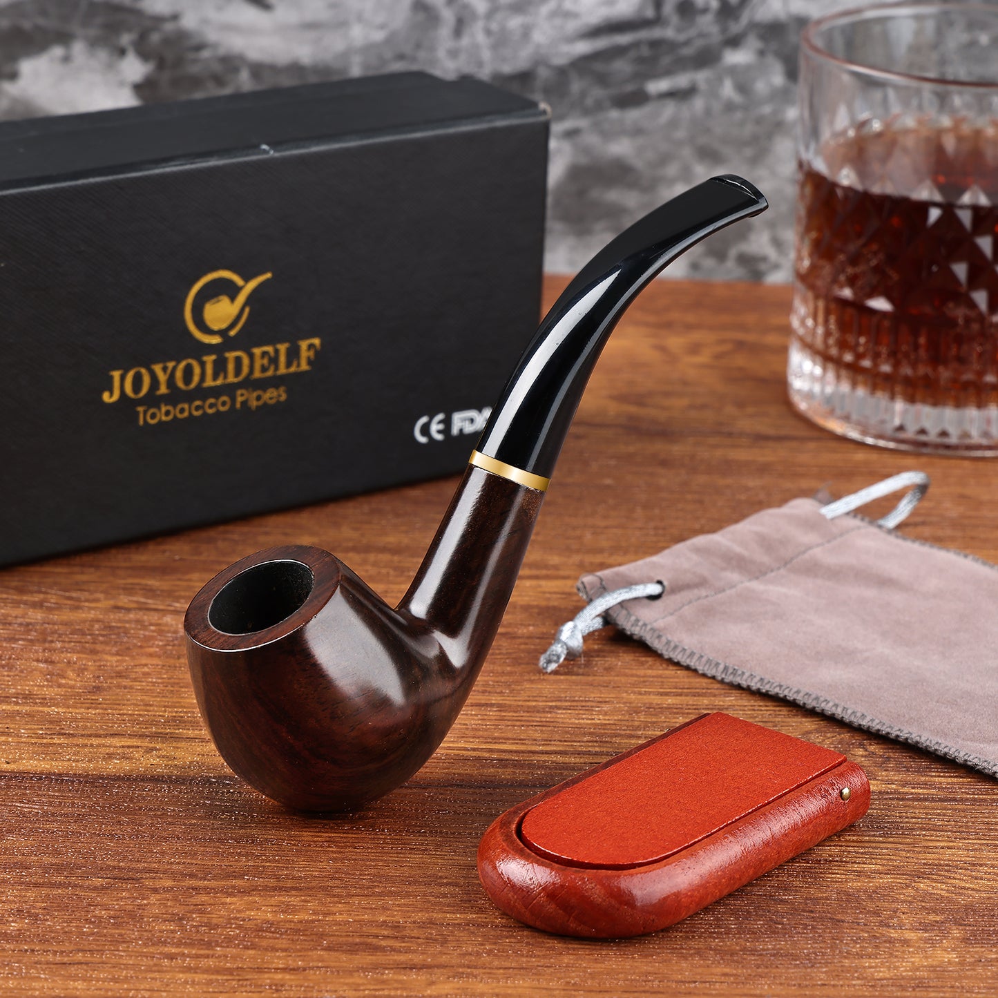 Joyoldelf Tobacco Pipe, Handmade Ebony Smoking pipe for Beginners - Pipe Stand and Pouch Included