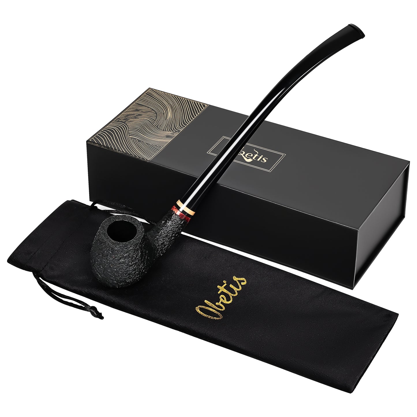 Obetis Classic Churchwarden Pipe with Long Stem and Gold Accent Ring - Rustic Briar Finish for a Smooth Smoking Experience