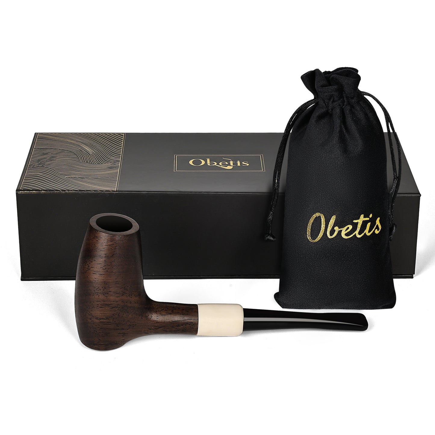 Obetis Ebony Wood Author-Shape Pipe with Smooth Finish and Ivory Accents - Classic Smoking Pipe for Collectors and Enthusiasts