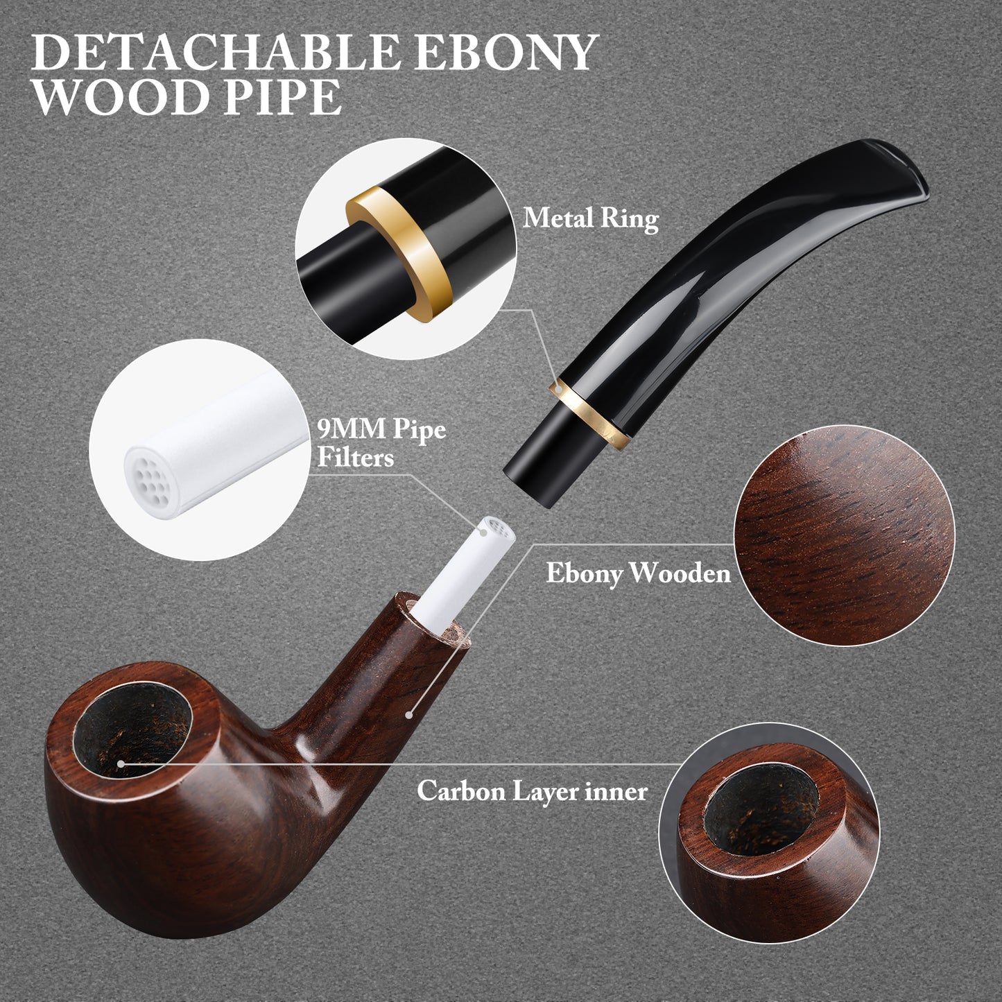 Joyoldelf Tobacco Pipe, Handmade Ebony Smoking pipe for Beginners - Pipe Stand and Pouch Included