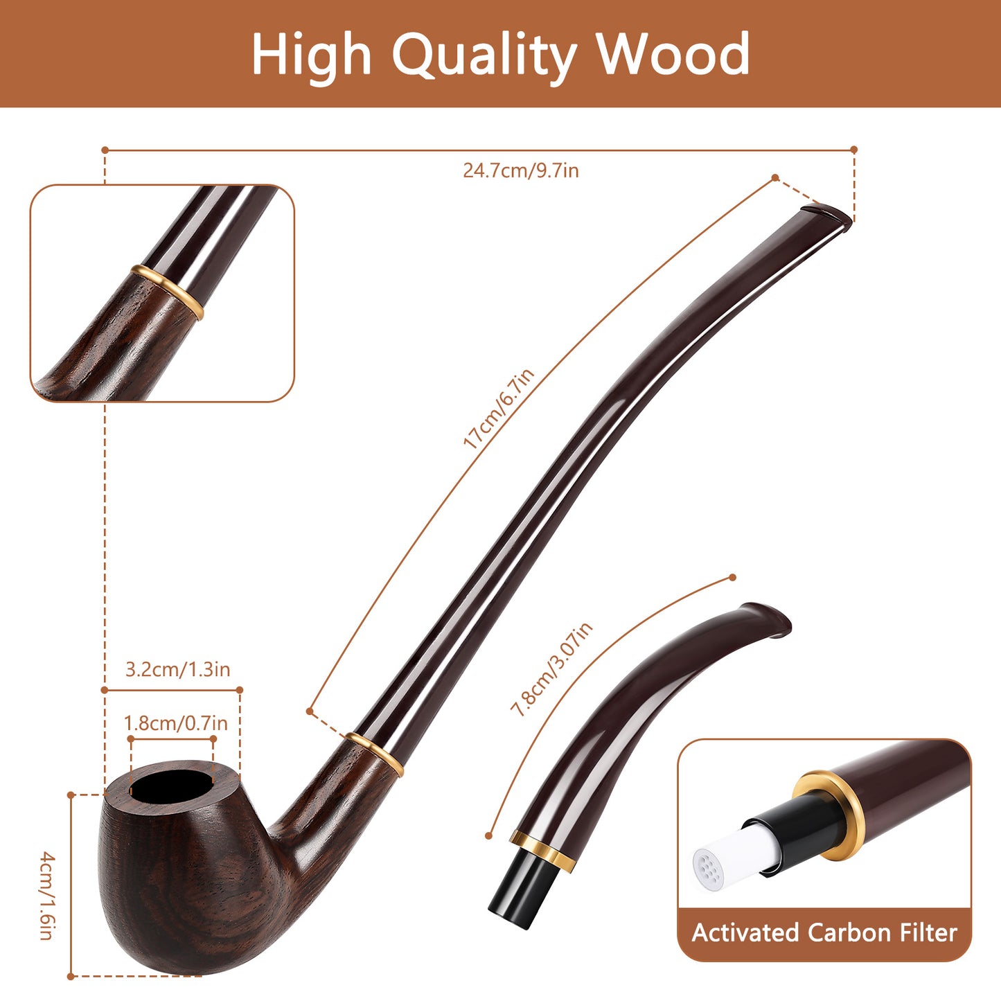 Obetis Bent Apple Pipe in Ebony Wood with Interchangeable Stems (Long and Short) - Elegant Design with Gold Accent Ring