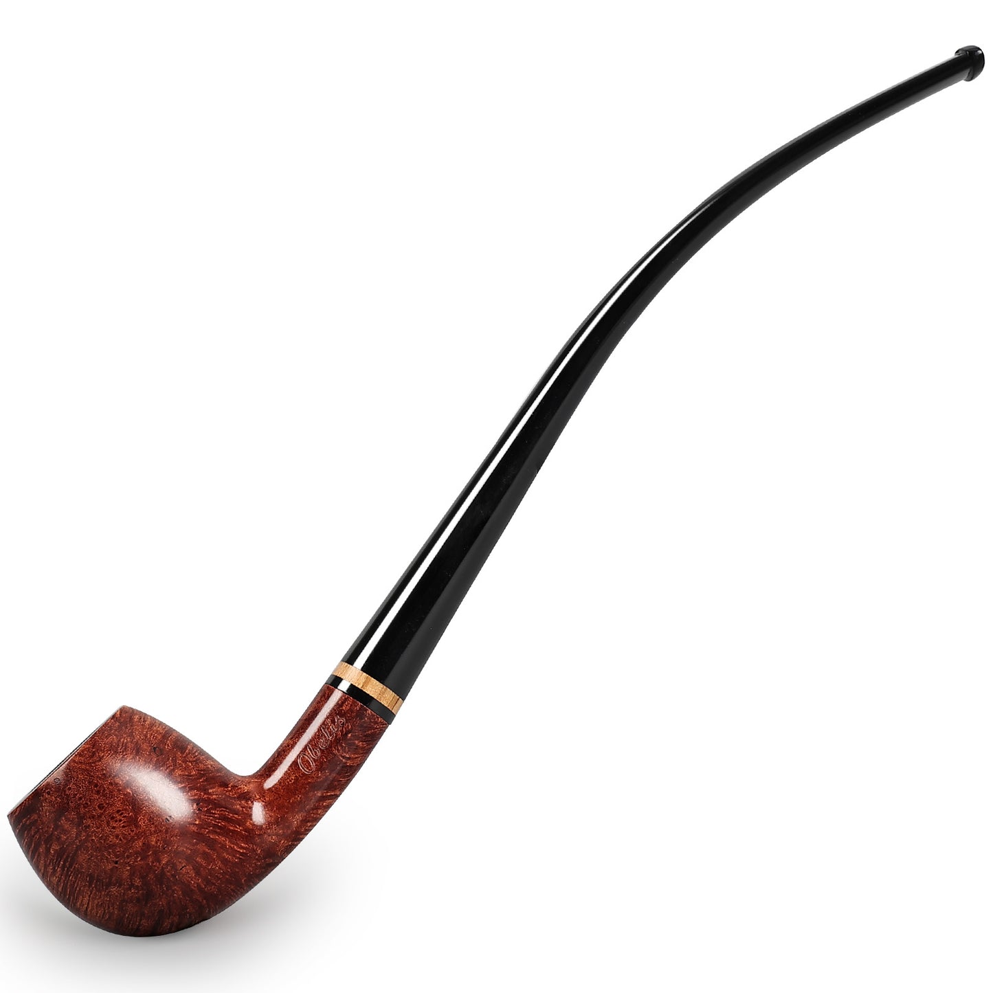 Obetis Polished Churchwarden Pipe with Long Stem and Gold Accent Ring - Smooth Briar Wood Finish for a Luxurious Smoking Experience