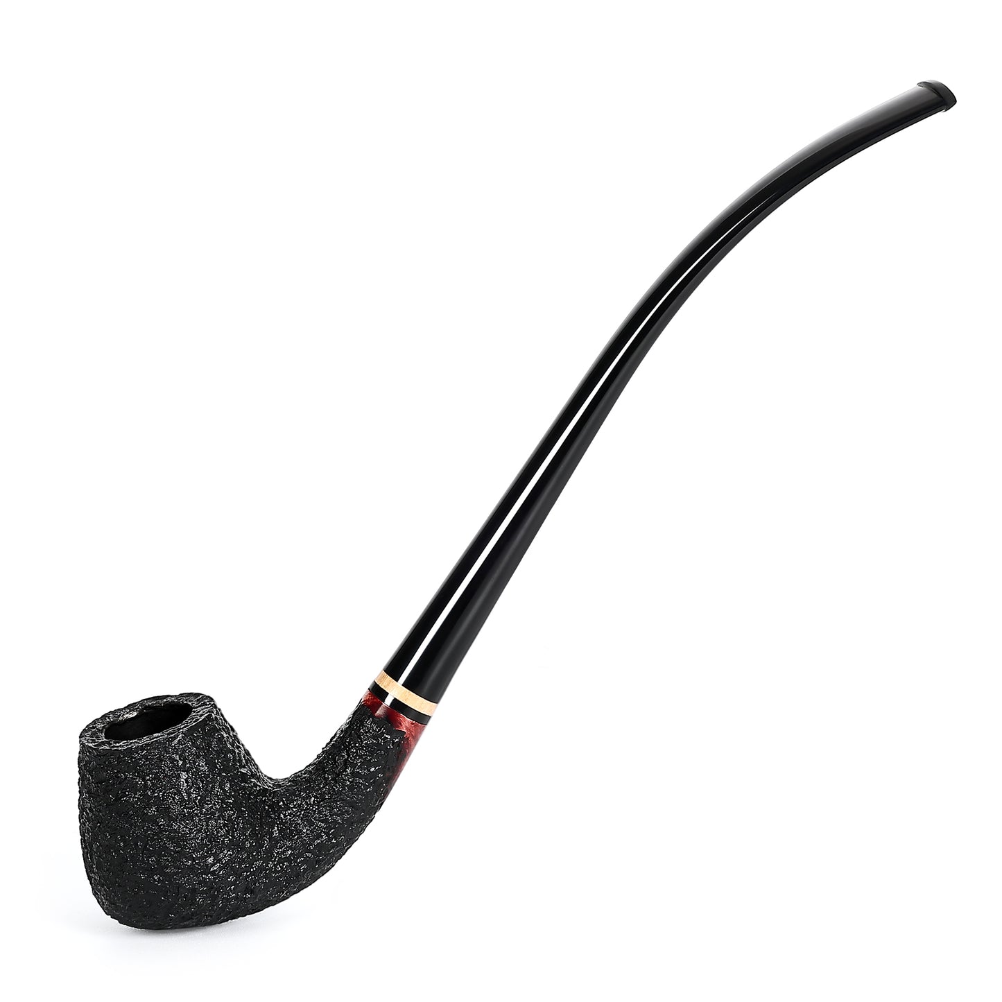 Obetis Classic Churchwarden Pipe with Long Stem and Gold Accent Ring - Rustic Briar Finish for a Smooth Smoking Experience