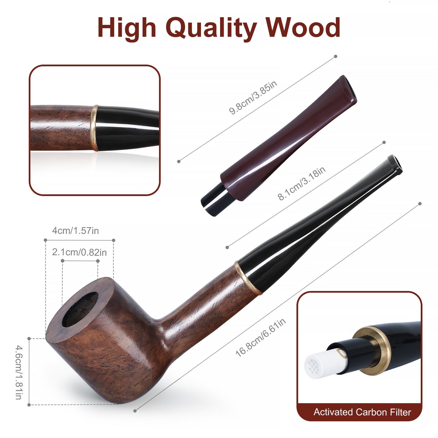 Obetis Ebony Wood Billiard Pipe with Interchangeable Stems (Black and Brown) - Classic Design with Metal Accent Ring for Versatile Smoking