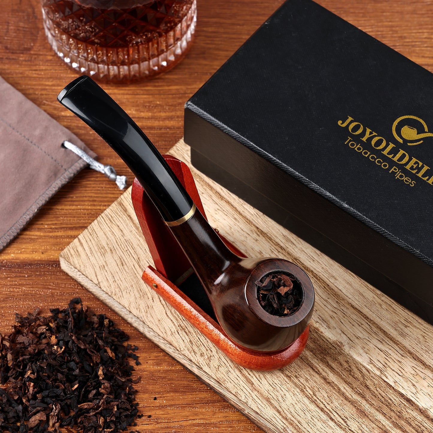 Joyoldelf Tobacco Pipe, Handmade Ebony Smoking pipe for Beginners - Pipe Stand and Pouch Included