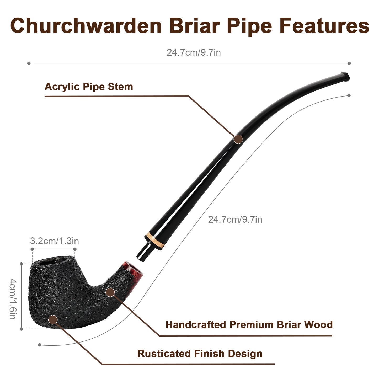 Obetis Classic Churchwarden Pipe with Long Stem and Gold Accent Ring - Rustic Briar Finish for a Smooth Smoking Experience