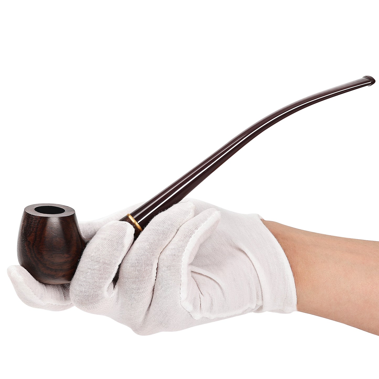 Obetis Bent Apple Pipe in Ebony Wood with Interchangeable Stems (Long and Short) - Elegant Design with Gold Accent Ring