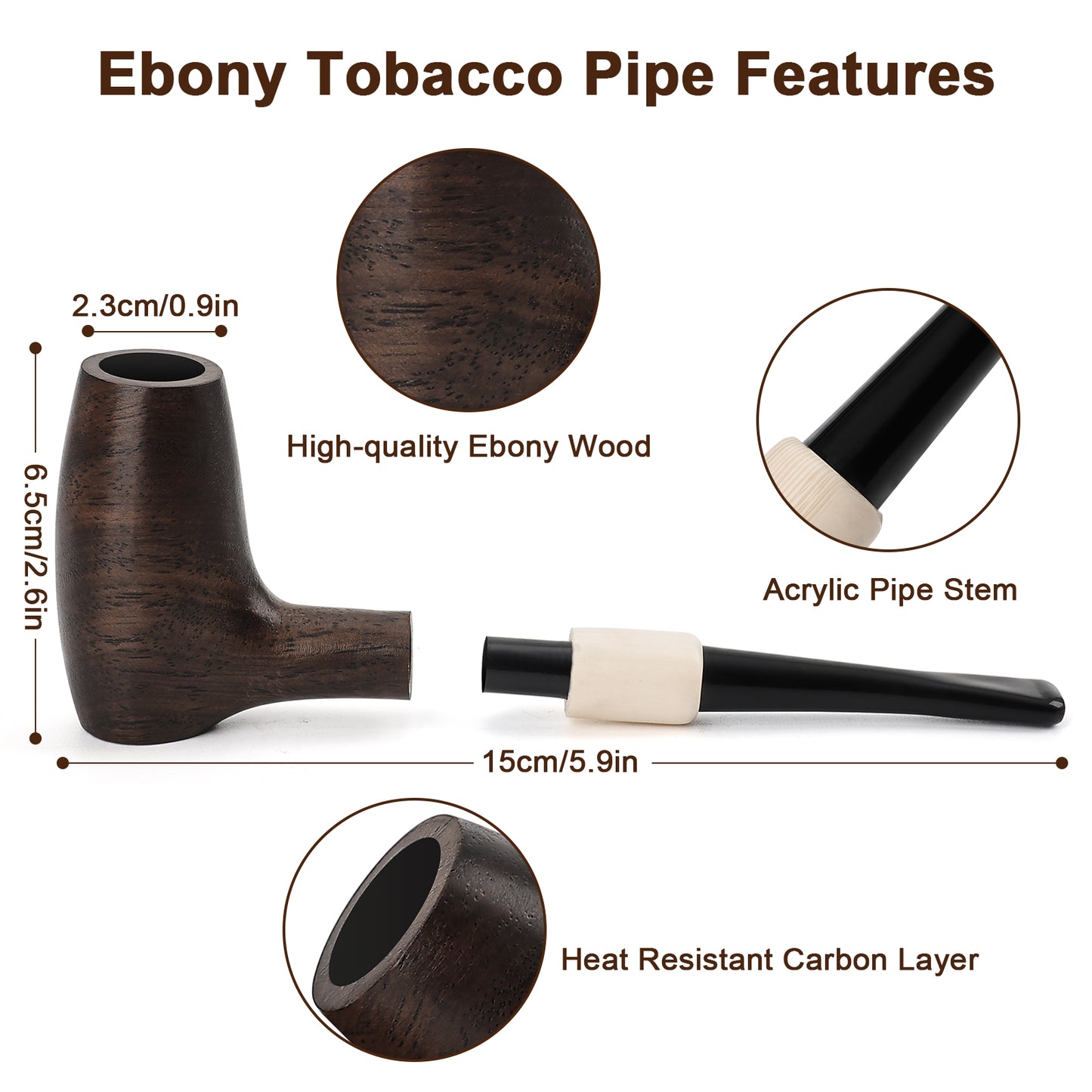 Obetis Ebony Wood Author-Shape Pipe with Smooth Finish and Ivory Accents - Classic Smoking Pipe for Collectors and Enthusiasts