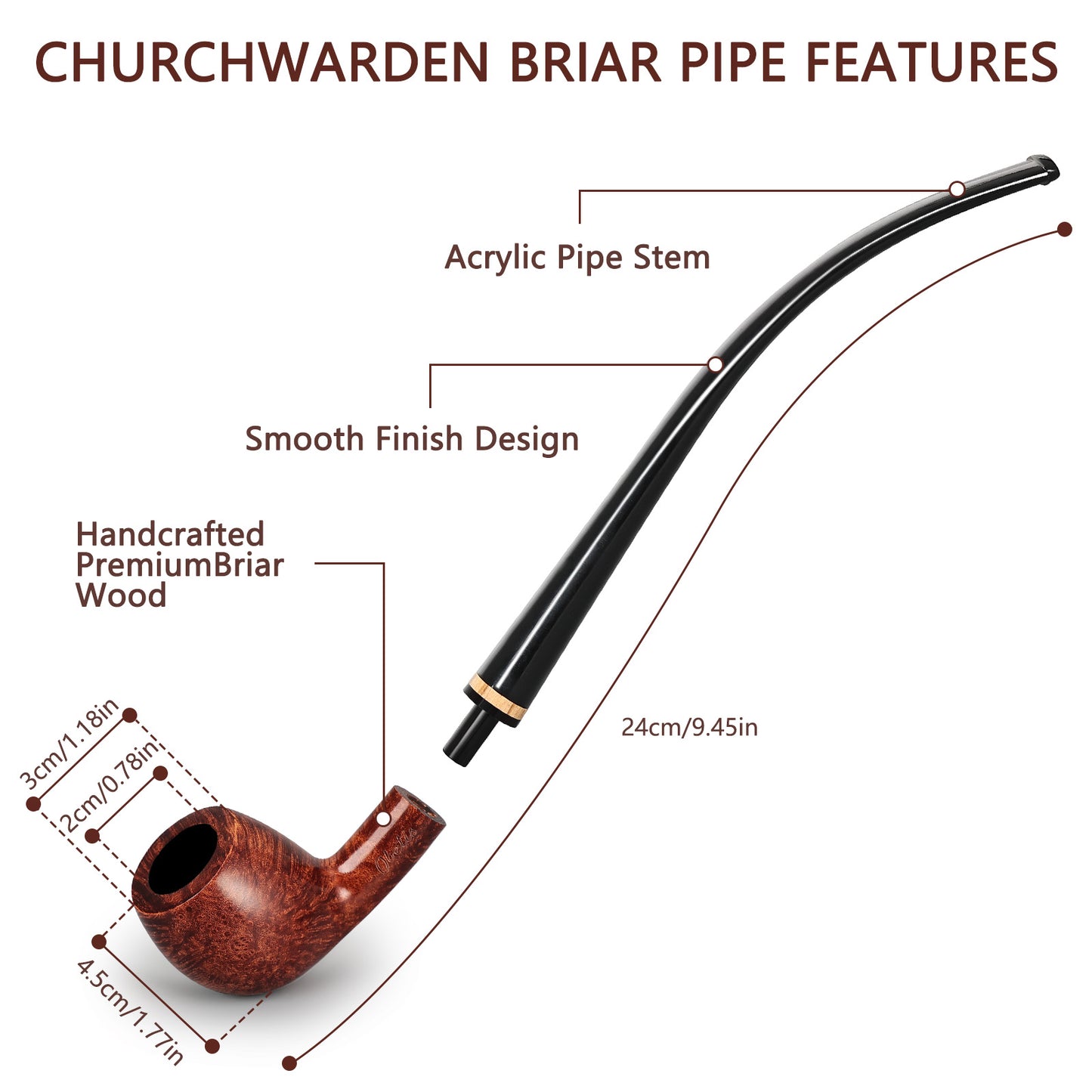 Obetis Polished Churchwarden Pipe with Long Stem and Gold Accent Ring - Smooth Briar Wood Finish for a Luxurious Smoking Experience