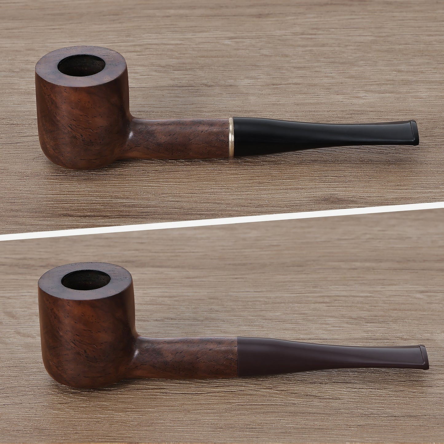 Obetis Ebony Wood Billiard Pipe with Interchangeable Stems (Black and Brown) - Classic Design with Metal Accent Ring for Versatile Smoking