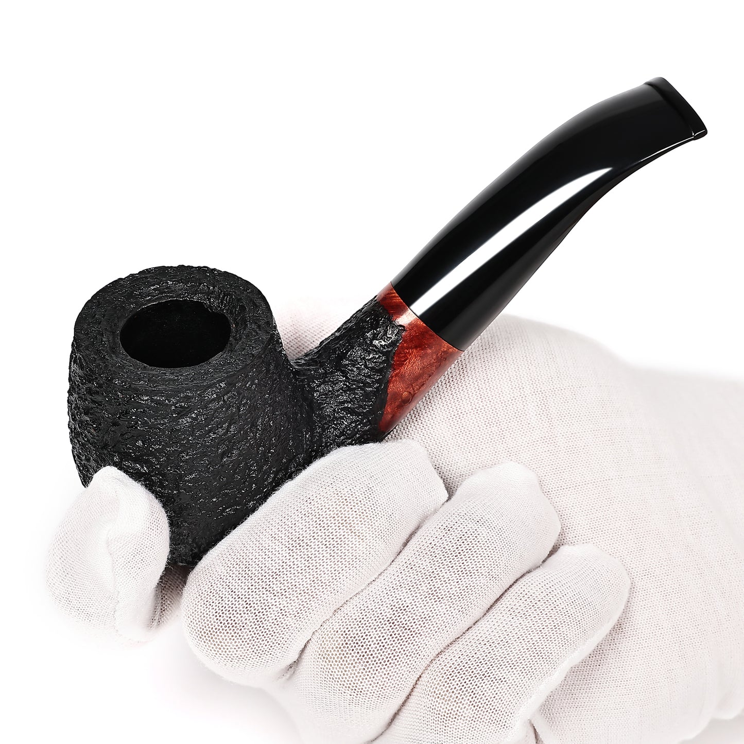 Obetis Bent Apple-Shape Pipe with Rusticated Briar Finish and Wooden Accents - Comfortable Grip for Long Smoking Sessions