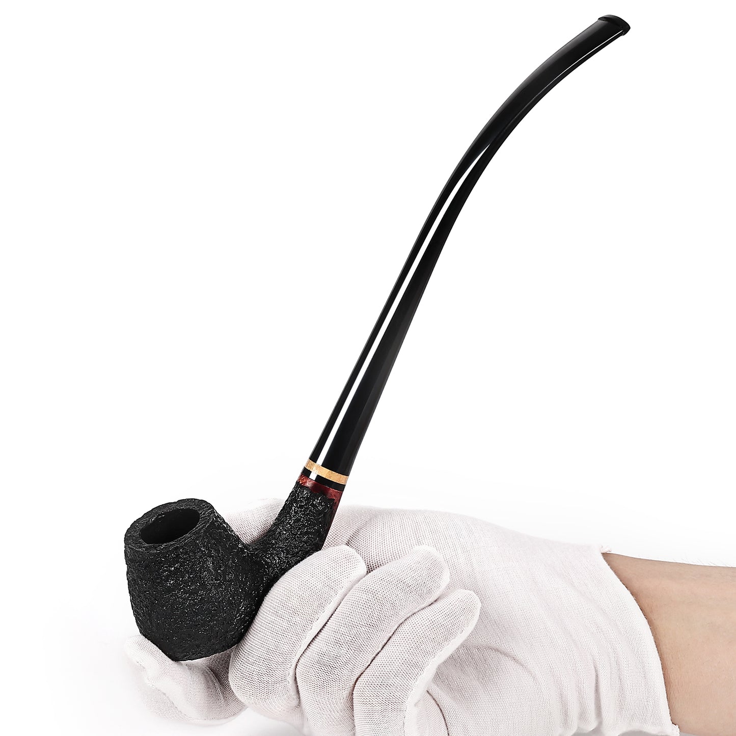 Obetis Classic Churchwarden Pipe with Long Stem and Gold Accent Ring - Rustic Briar Finish for a Smooth Smoking Experience