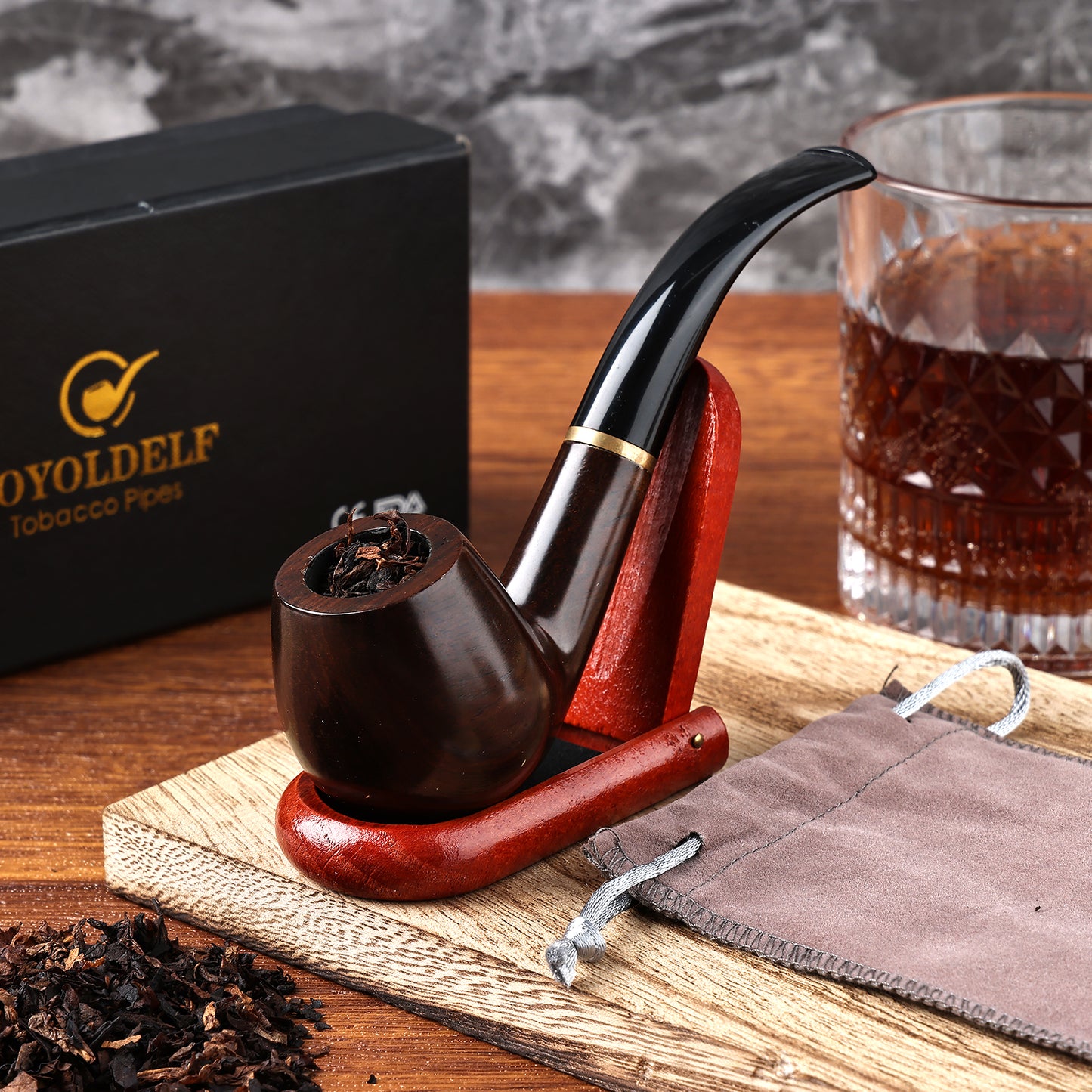 Joyoldelf Tobacco Pipe, Handmade Ebony Smoking pipe for Beginners - Pipe Stand and Pouch Included