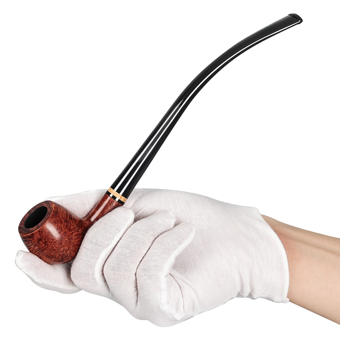 Obetis Polished Churchwarden Pipe with Long Stem and Gold Accent Ring - Smooth Briar Wood Finish for a Luxurious Smoking Experience