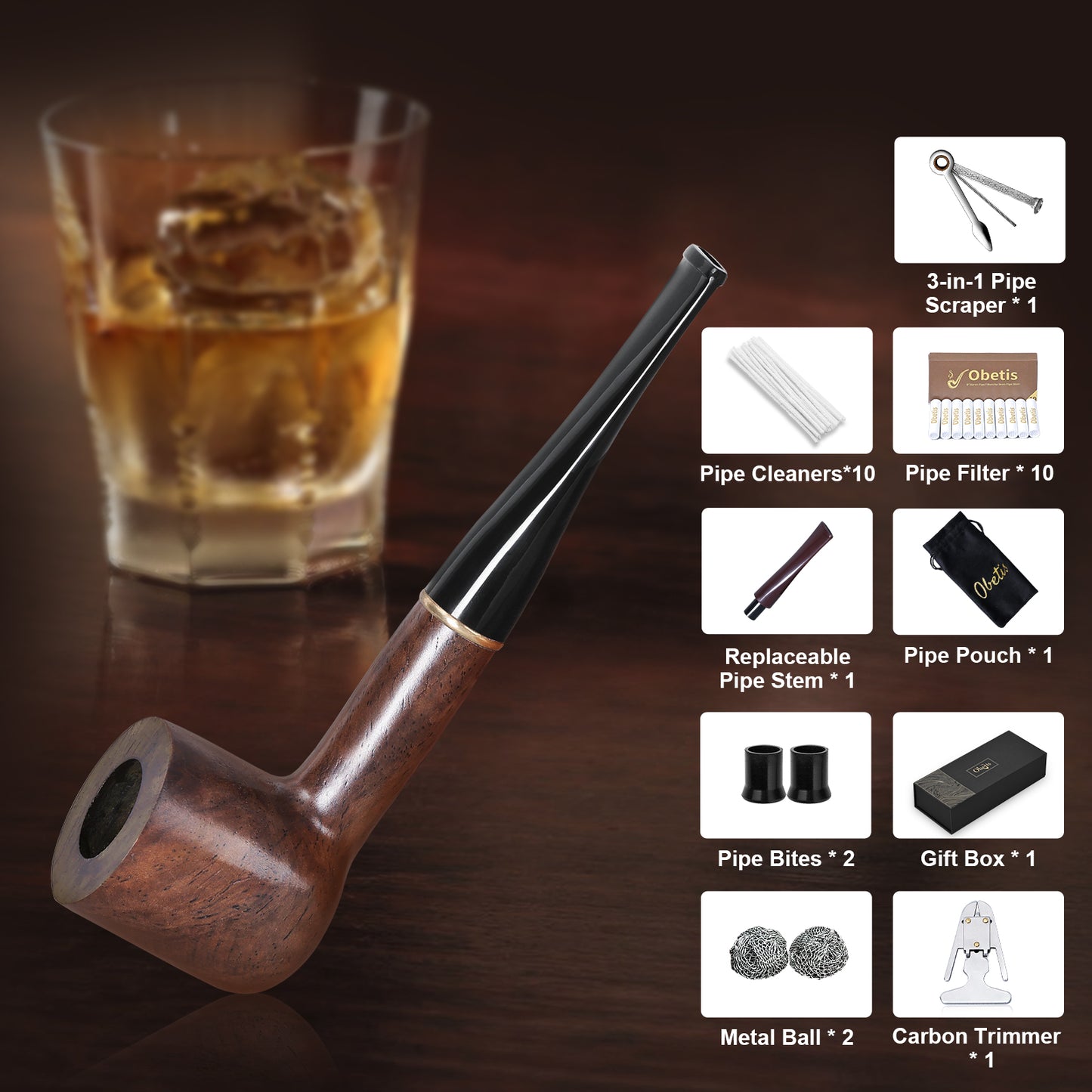 Obetis Ebony Wood Billiard Pipe with Interchangeable Stems (Black and Brown) - Classic Design with Metal Accent Ring for Versatile Smoking