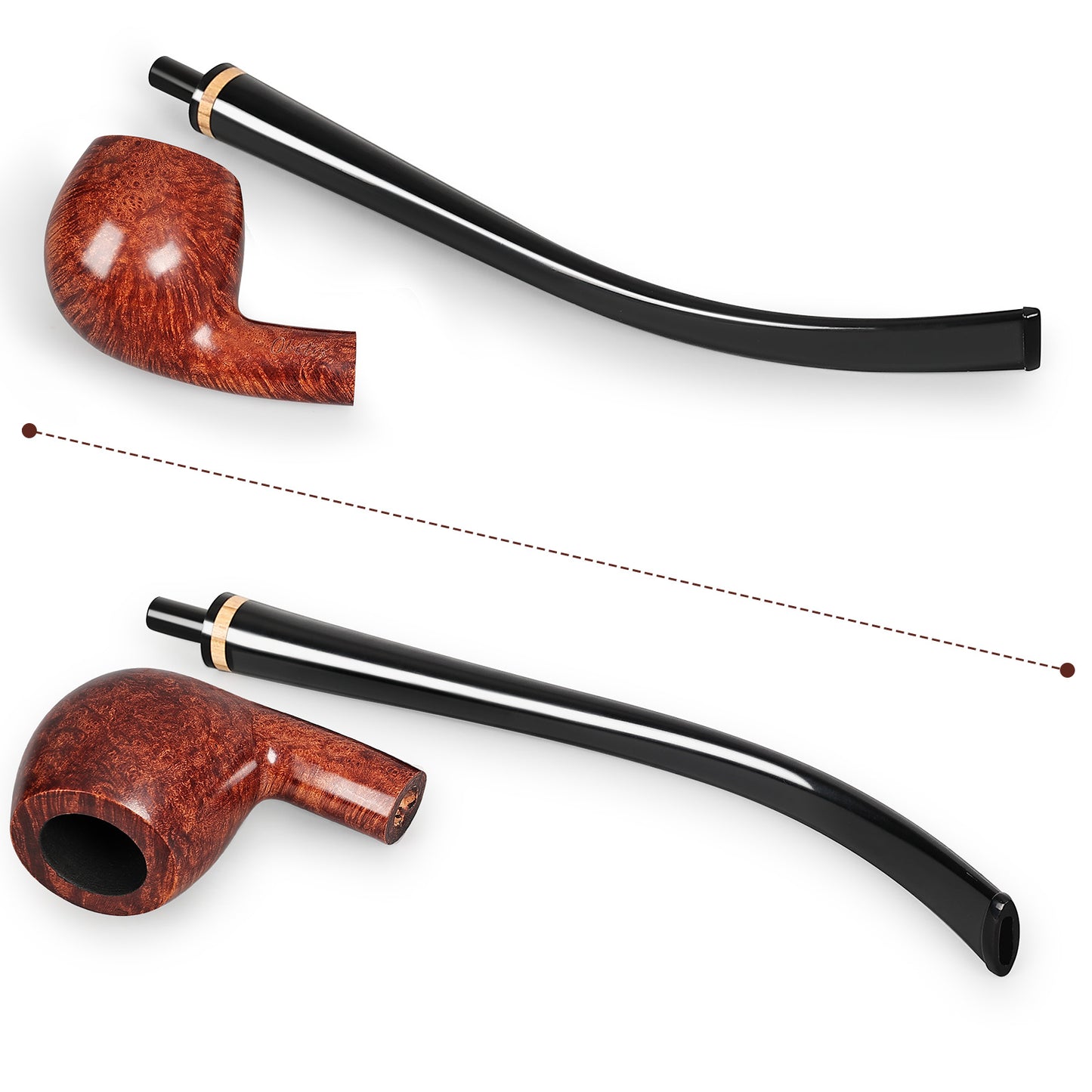 Obetis Polished Churchwarden Pipe with Long Stem and Gold Accent Ring - Smooth Briar Wood Finish for a Luxurious Smoking Experience