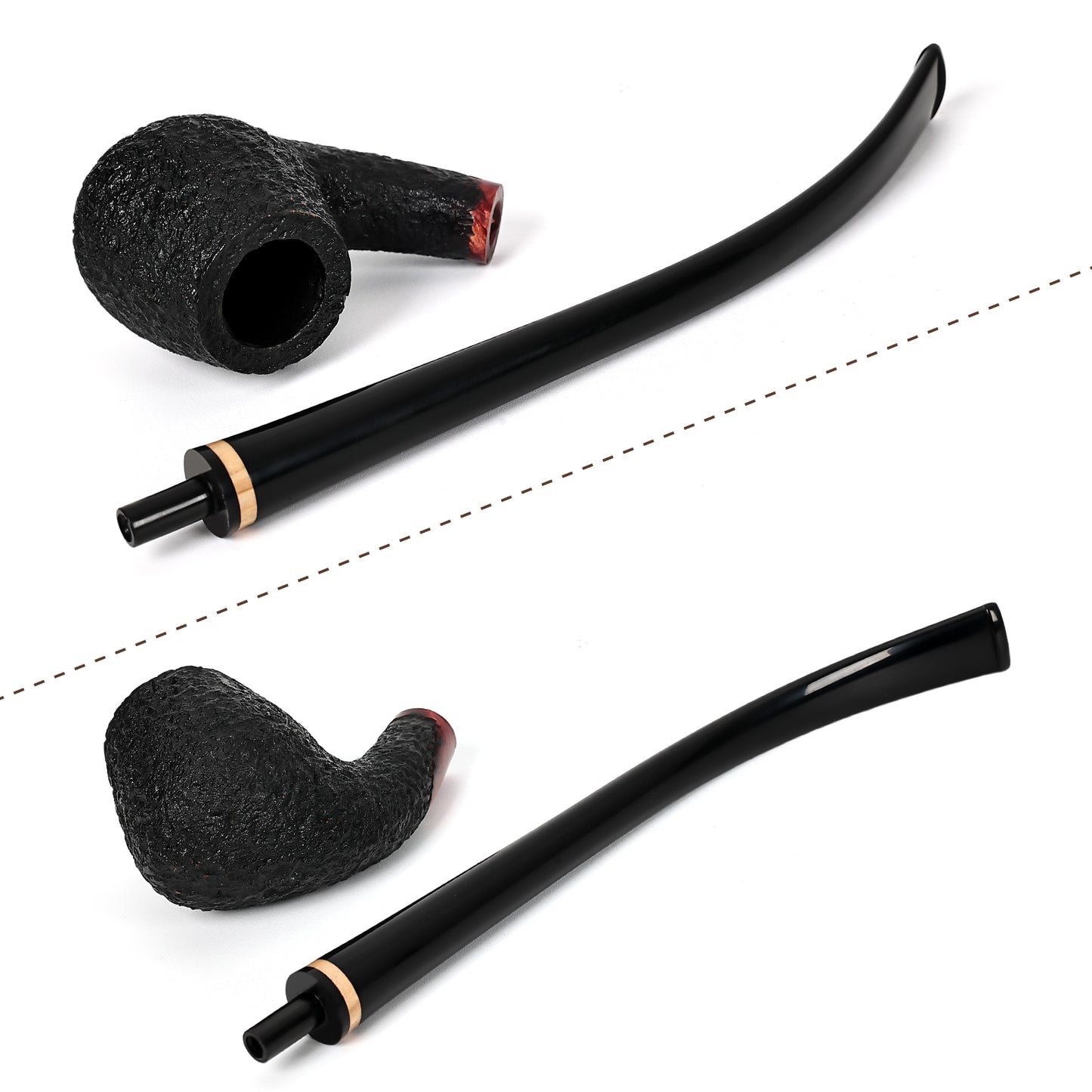 Obetis Classic Churchwarden Pipe with Long Stem and Gold Accent Ring - Rustic Briar Finish for a Smooth Smoking Experience