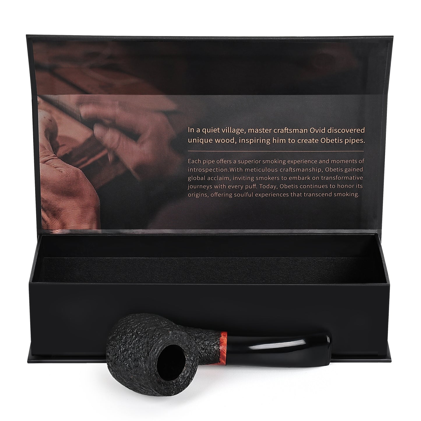 Obetis Bent Apple-Shape Pipe with Rusticated Briar Finish and Wooden Accents - Comfortable Grip for Long Smoking Sessions