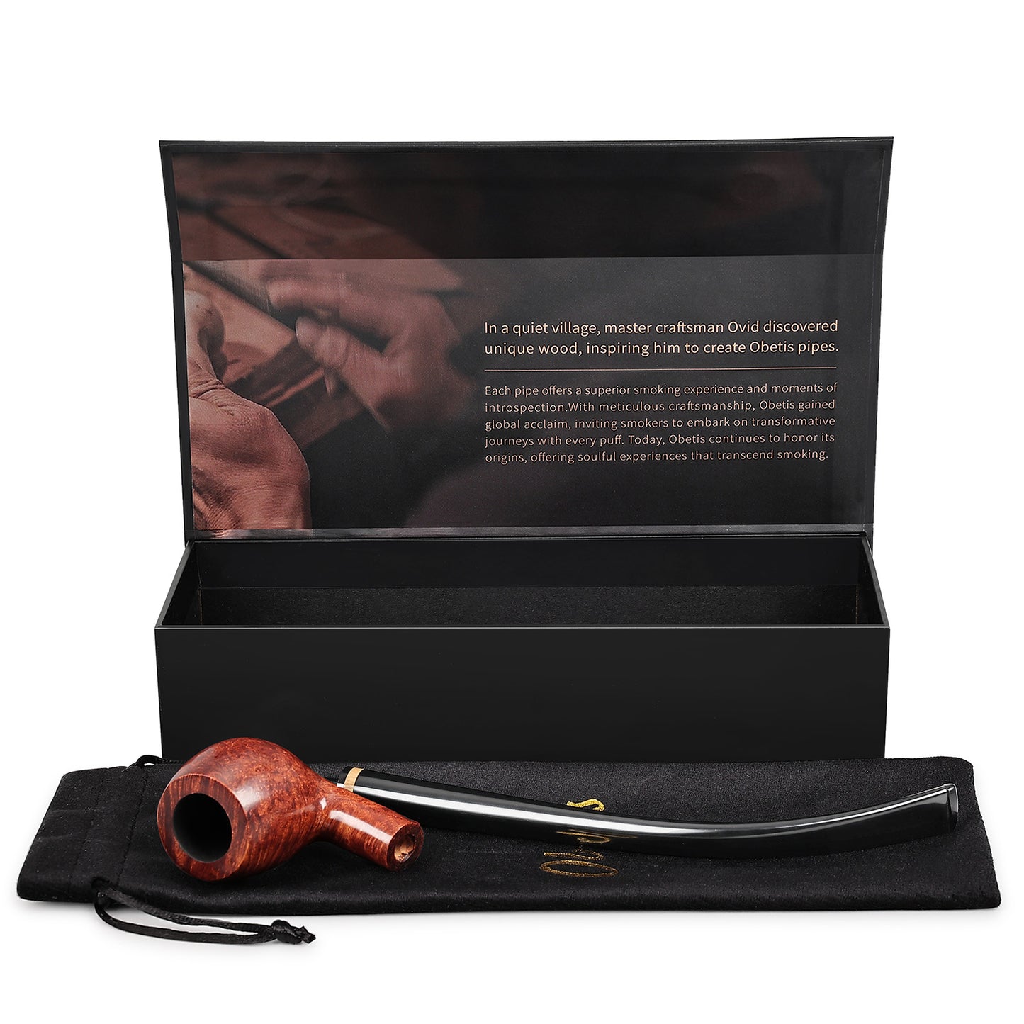 Obetis Polished Churchwarden Pipe with Long Stem and Gold Accent Ring - Smooth Briar Wood Finish for a Luxurious Smoking Experience