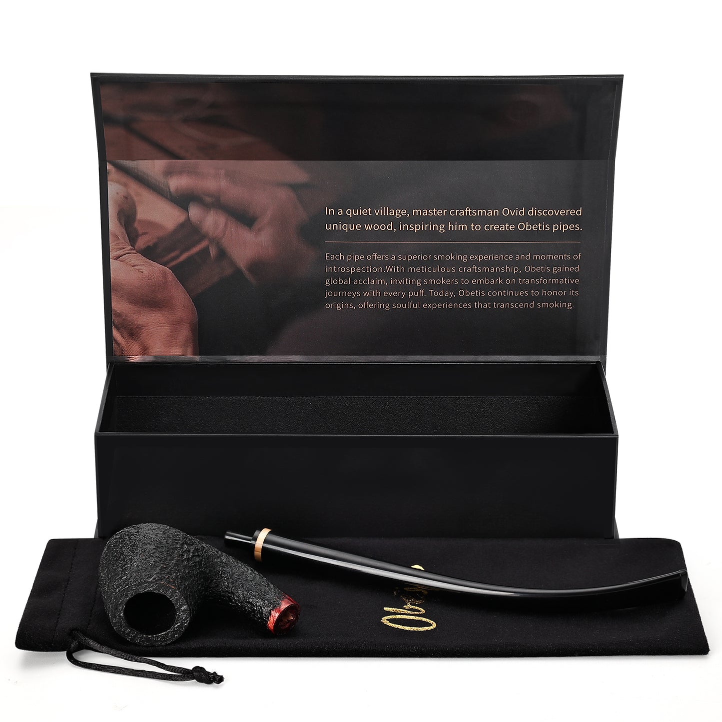 Obetis Classic Churchwarden Pipe with Long Stem and Gold Accent Ring - Rustic Briar Finish for a Smooth Smoking Experience