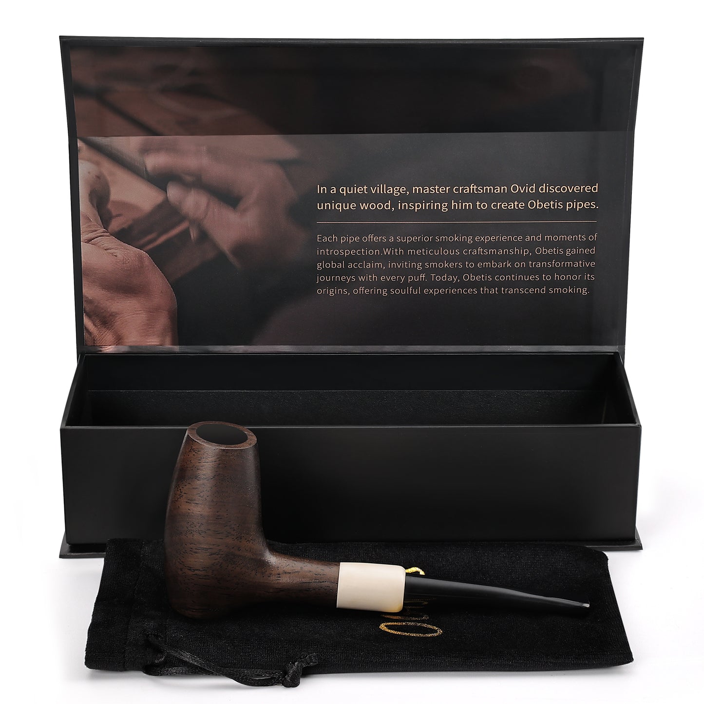 Obetis Ebony Wood Author-Shape Pipe with Smooth Finish and Ivory Accents - Classic Smoking Pipe for Collectors and Enthusiasts