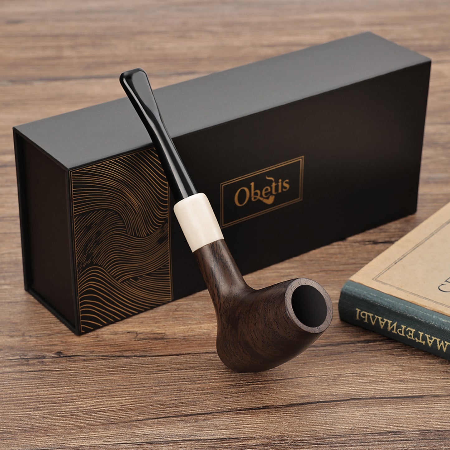 Obetis Ebony Wood Author-Shape Pipe with Smooth Finish and Ivory Accents - Classic Smoking Pipe for Collectors and Enthusiasts