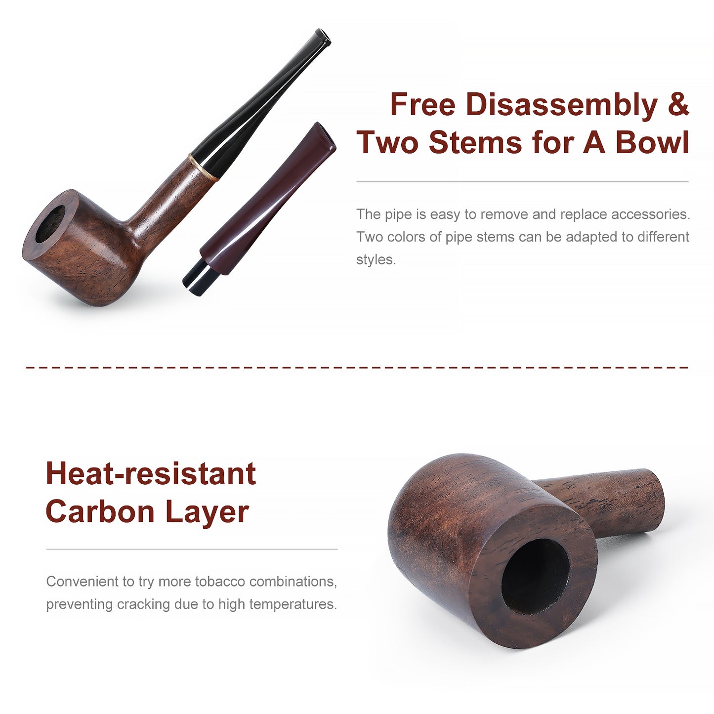 Obetis Ebony Wood Billiard Pipe with Interchangeable Stems (Black and Brown) - Classic Design with Metal Accent Ring for Versatile Smoking