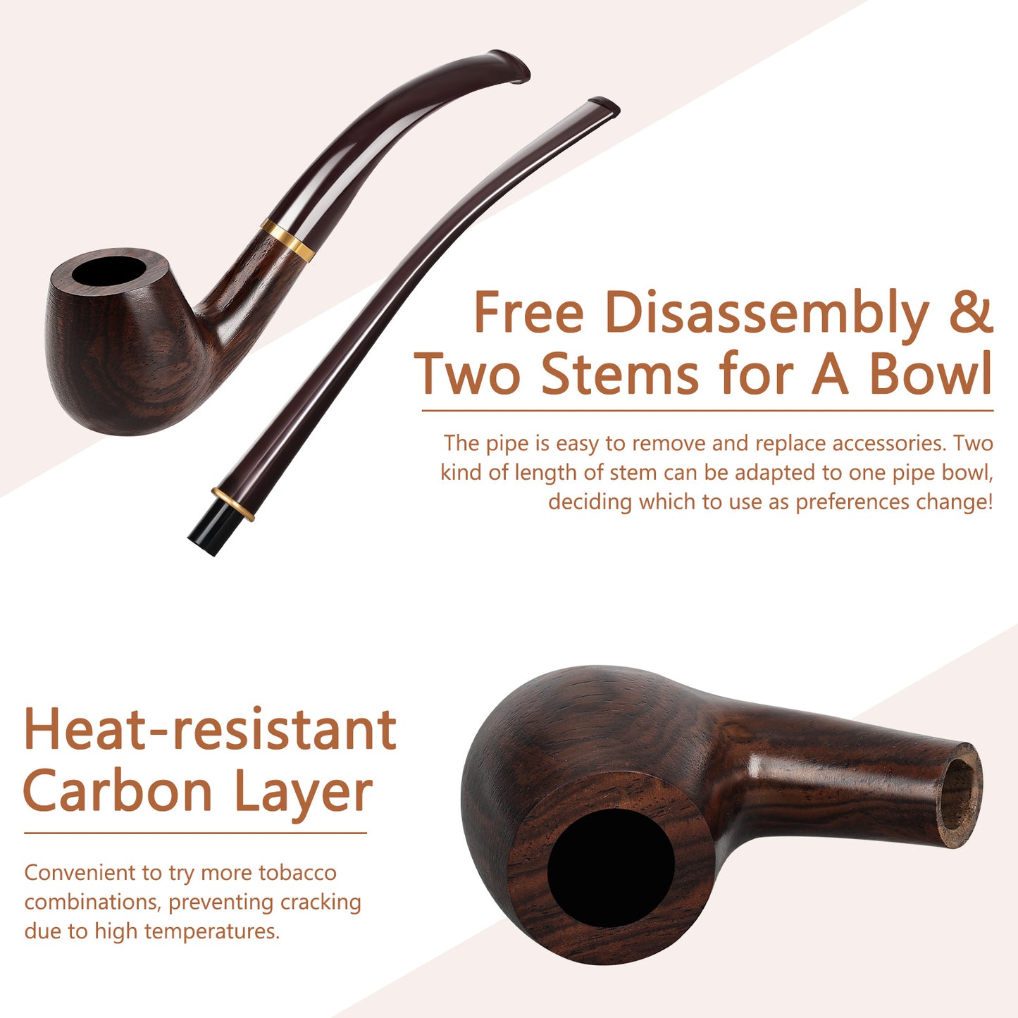 Obetis Bent Apple Pipe in Ebony Wood with Interchangeable Stems (Long and Short) - Elegant Design with Gold Accent Ring